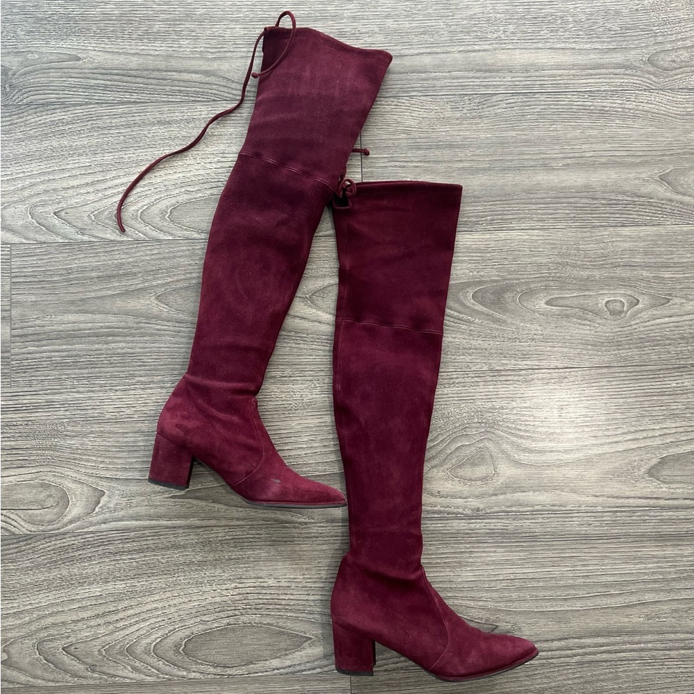Stuart Weitzman Avenue City Over-the-Knee Boots Mid-Heels in Burgundy Suede